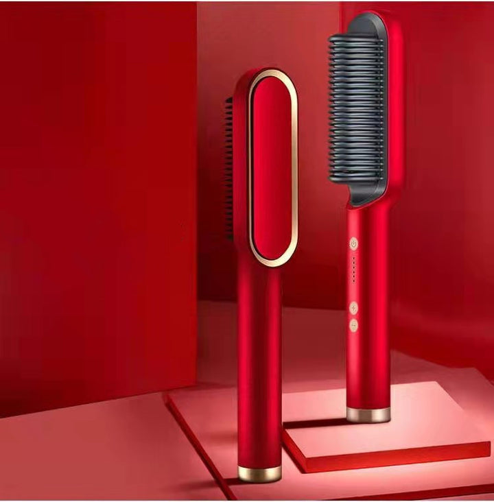 Black heated straightening comb on dressing table
