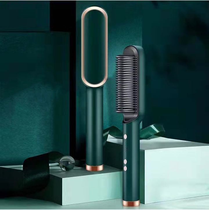 Black heated straightening comb on dressing table