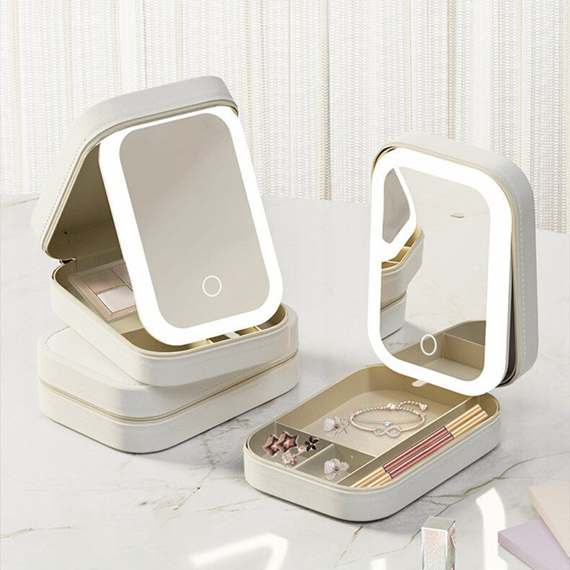 Makeup case with lit mirror open