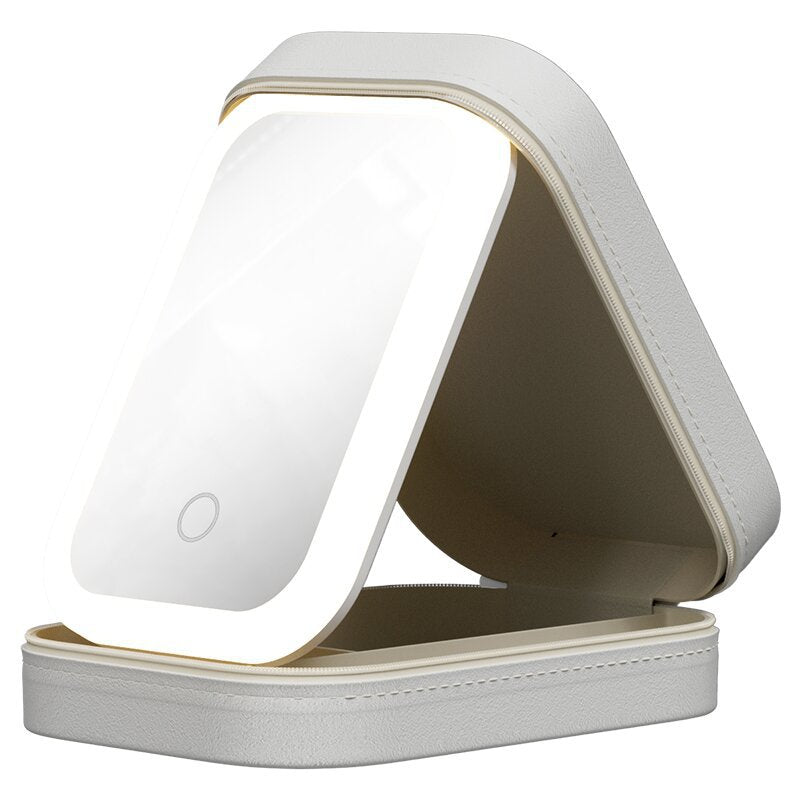 Makeup case with lit mirror open