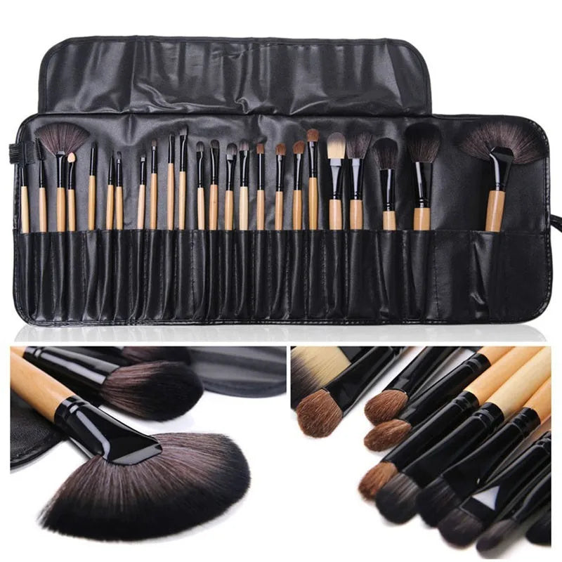 Makeup brush set in roll-up pouch