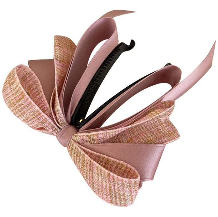 Women's Bow Banana Hair Clip in Pink Tweed